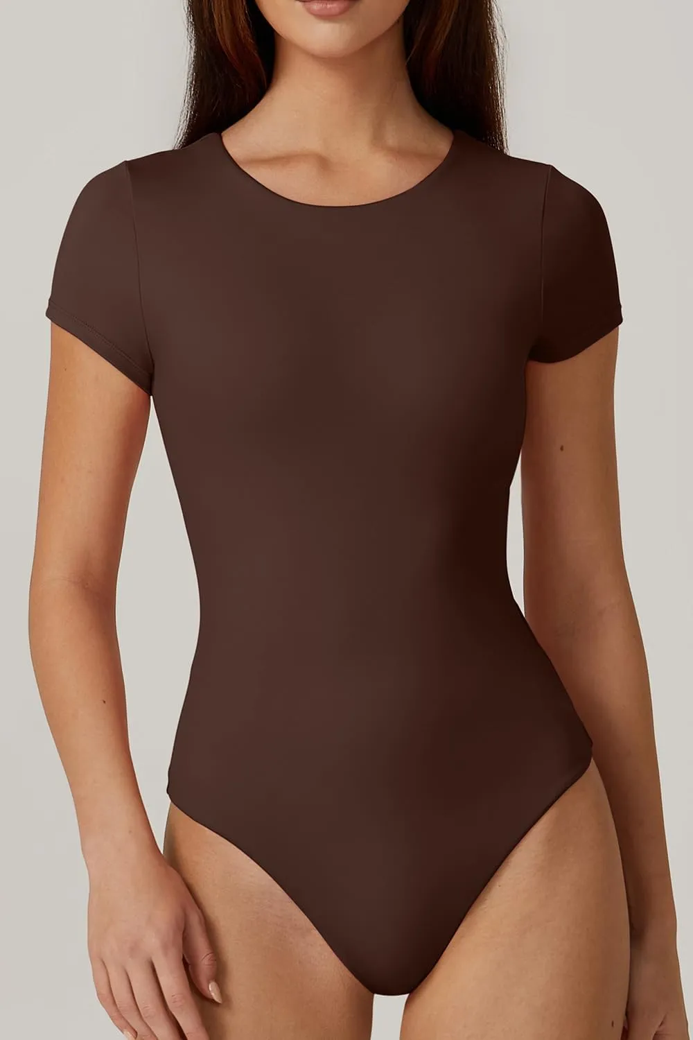 QINSEN Women's Crew Neck Short Sleeve Bodysuit Double Lined Body Suits Basic T-shirt Tops