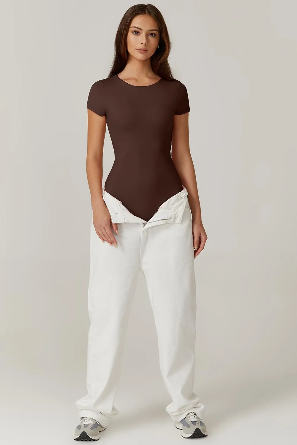 QINSEN Women's Crew Neck Short Sleeve Bodysuit Double Lined Body Suits Basic T-shirt Tops
