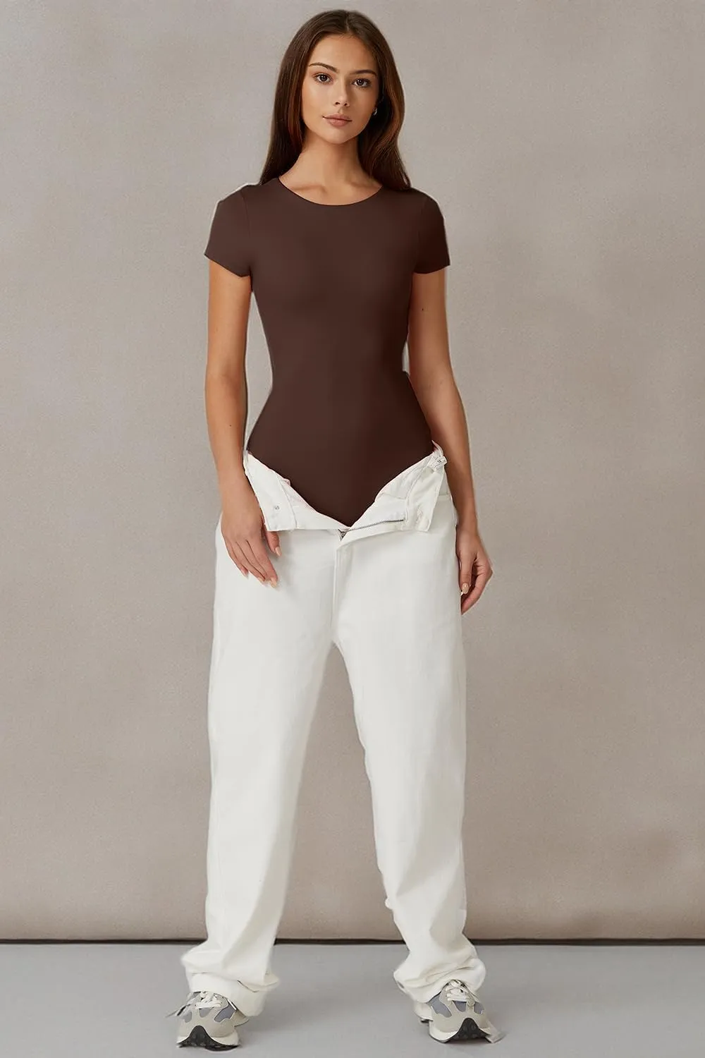 QINSEN Women's Crew Neck Short Sleeve Bodysuit Double Lined Body Suits Basic T-shirt Tops
