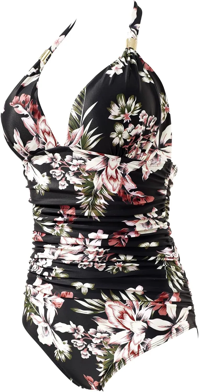 RXRXCOCO Women V Neck One Piece Swimsuits Tummy Control Ruched Swimwear Halter Bathing Suit