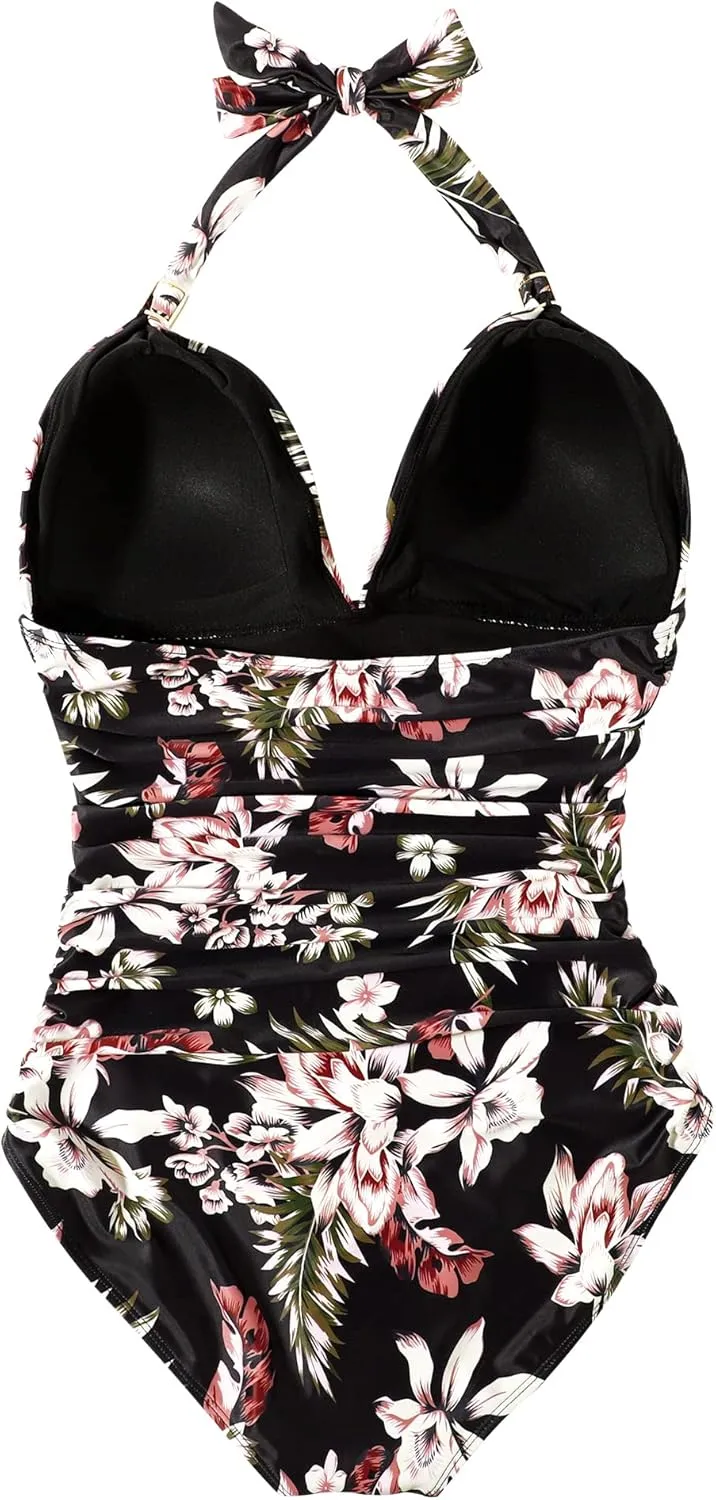 RXRXCOCO Women V Neck One Piece Swimsuits Tummy Control Ruched Swimwear Halter Bathing Suit