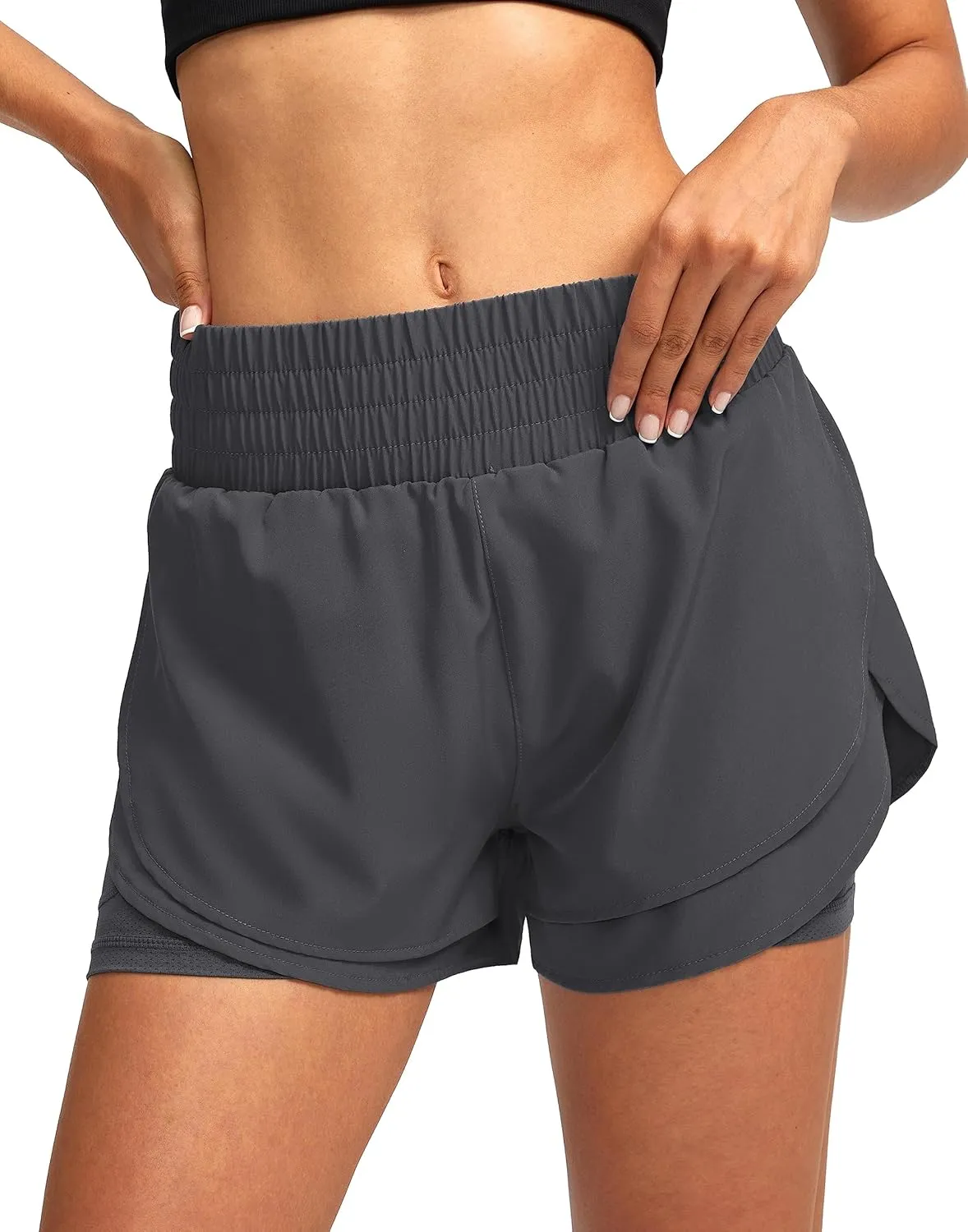 Soothfeel Women's 2 in 1 Running Shorts High Waisted Athletic Shorts Exercise Gym Workout Shorts for Women with Pockets