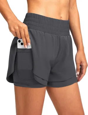 Soothfeel Women's 2 in 1 Running Shorts High Waisted Athletic Shorts Exercise Gym Workout Shorts for Women with Pockets