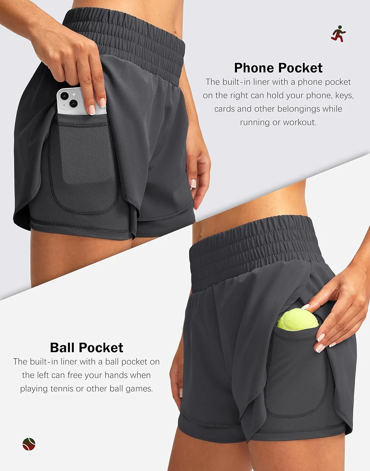 Soothfeel Women's 2 in 1 Running Shorts High Waisted Athletic Shorts Exercise Gym Workout Shorts for Women with Pockets