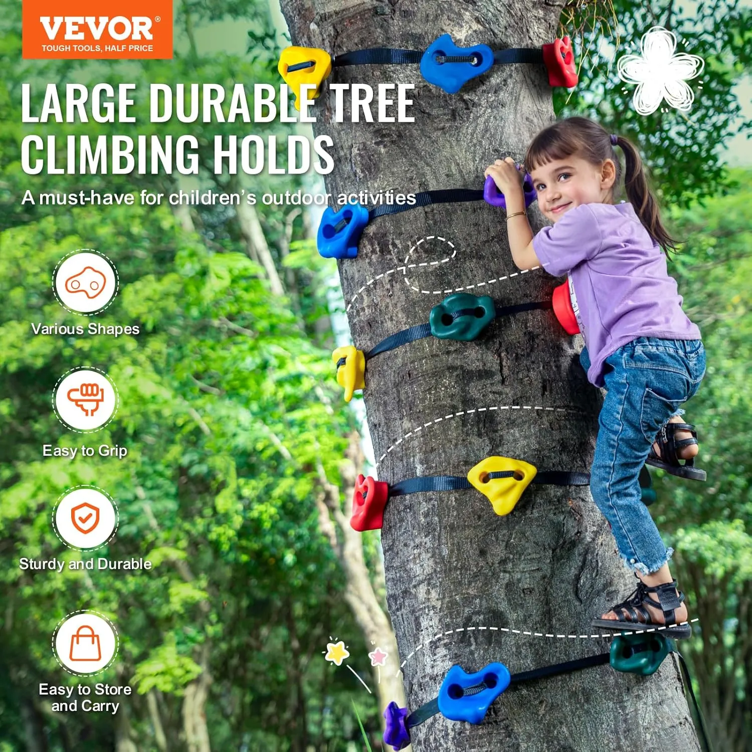 VEVOR Ninja Tree Climbing Kit, 20 Rock Climbing Holds & 6 Ratchets, Large Climbing Rocks for Kids & Adults Outdoor Backyard Ninja Tree Obstacle Course Training