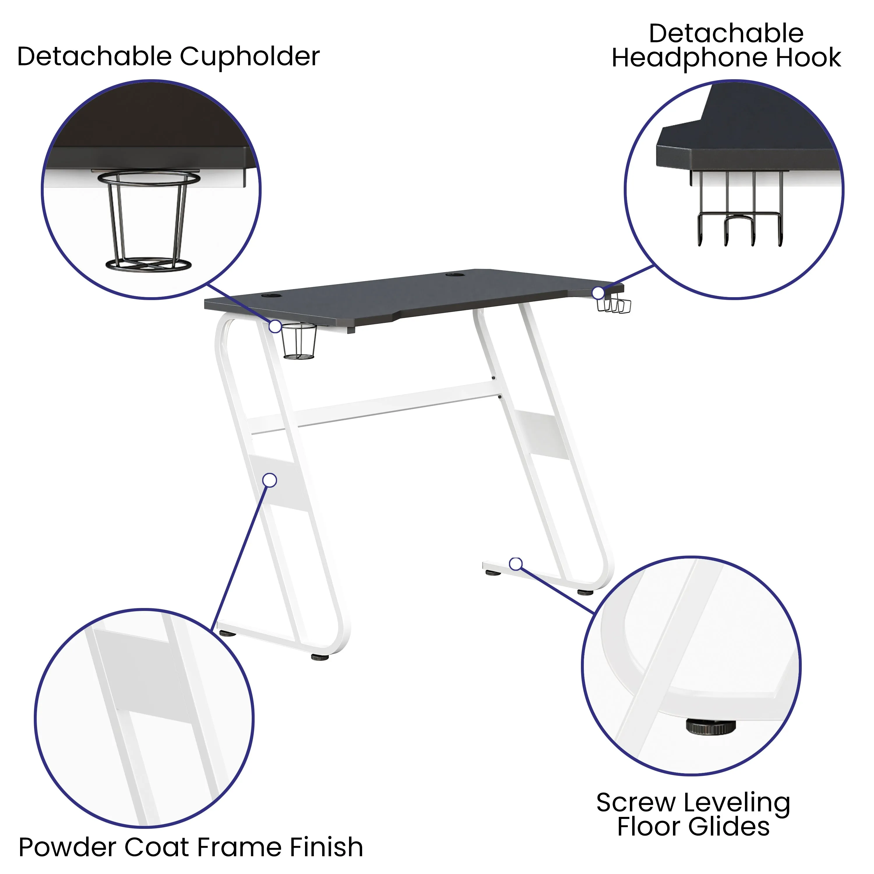 White Gaming Desk-Cup Holder NAN-RS-G1030-WH-GG