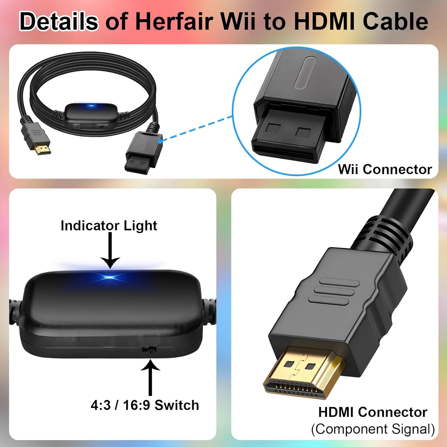 Wii Component to HDMI Adapter [True 1080P] Wii to TV Adapter 100% Improved Picture Quality HDTV Cord for Wii to HDMI TV/Monitor Supports All Display Modes Compatible Nintendo Wii/Wii U Console