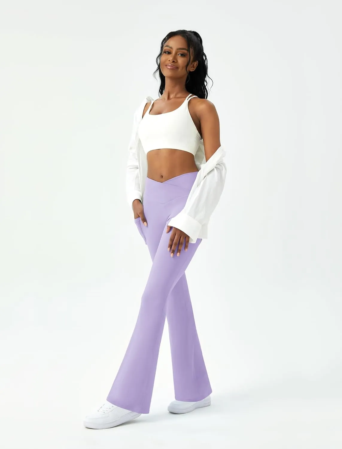 Womens Flare Yoga Pants with Pockets Crossover Flared Leggings Bootcut Bell Bottom No Front Seam