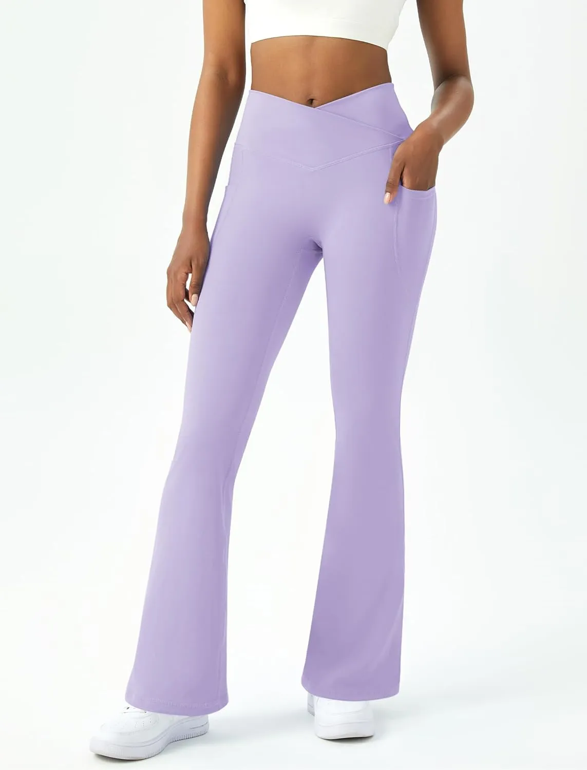 Womens Flare Yoga Pants with Pockets Crossover Flared Leggings Bootcut Bell Bottom No Front Seam